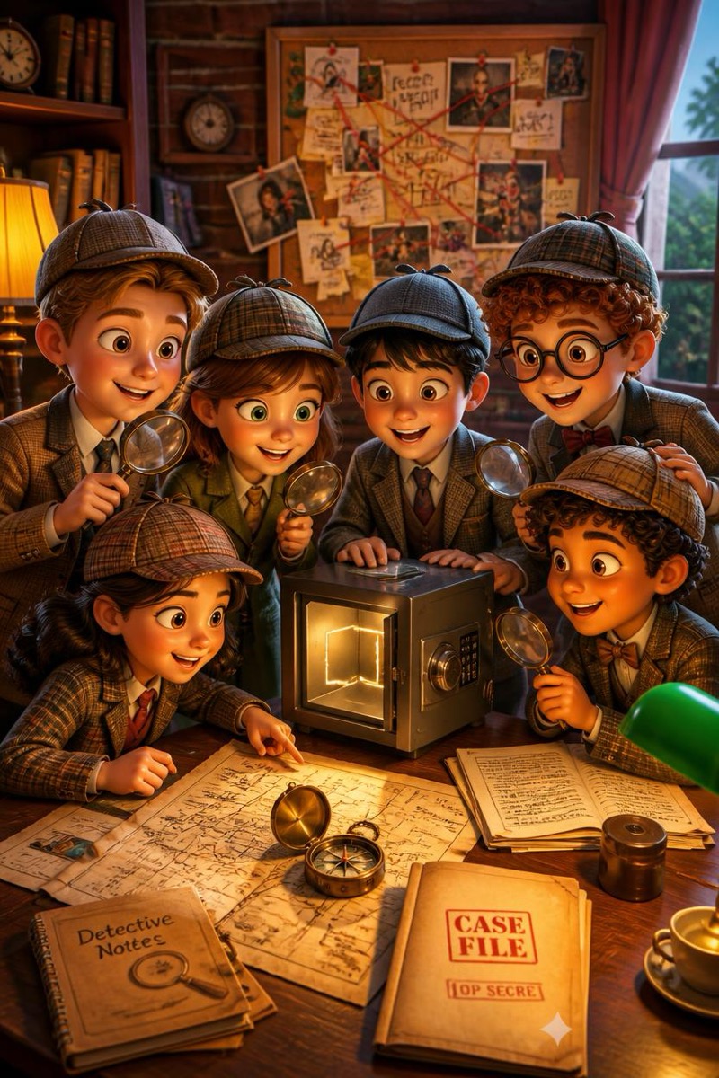 Filmposter: jonge detectives met vergrootglazen buigen zich over een geheimzinnige kluis vol aanwijzingen