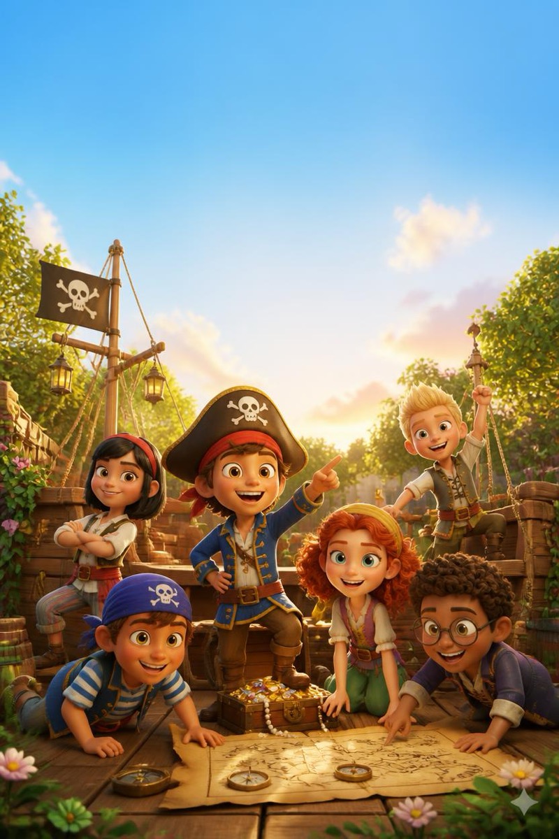 Filmposter: jonge piraten op avontuur met een oude schatkaart