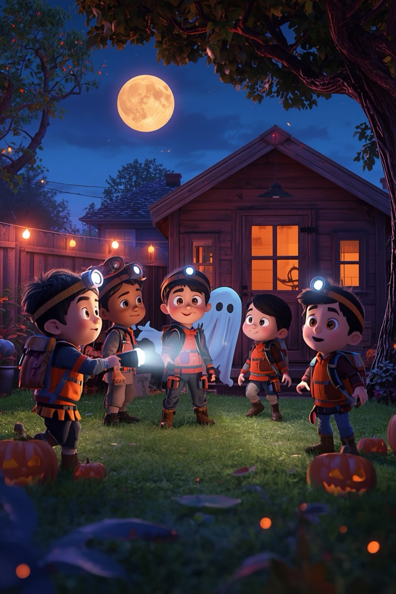 Filmposter: jonge spokenjagers met lampen in een donker huis