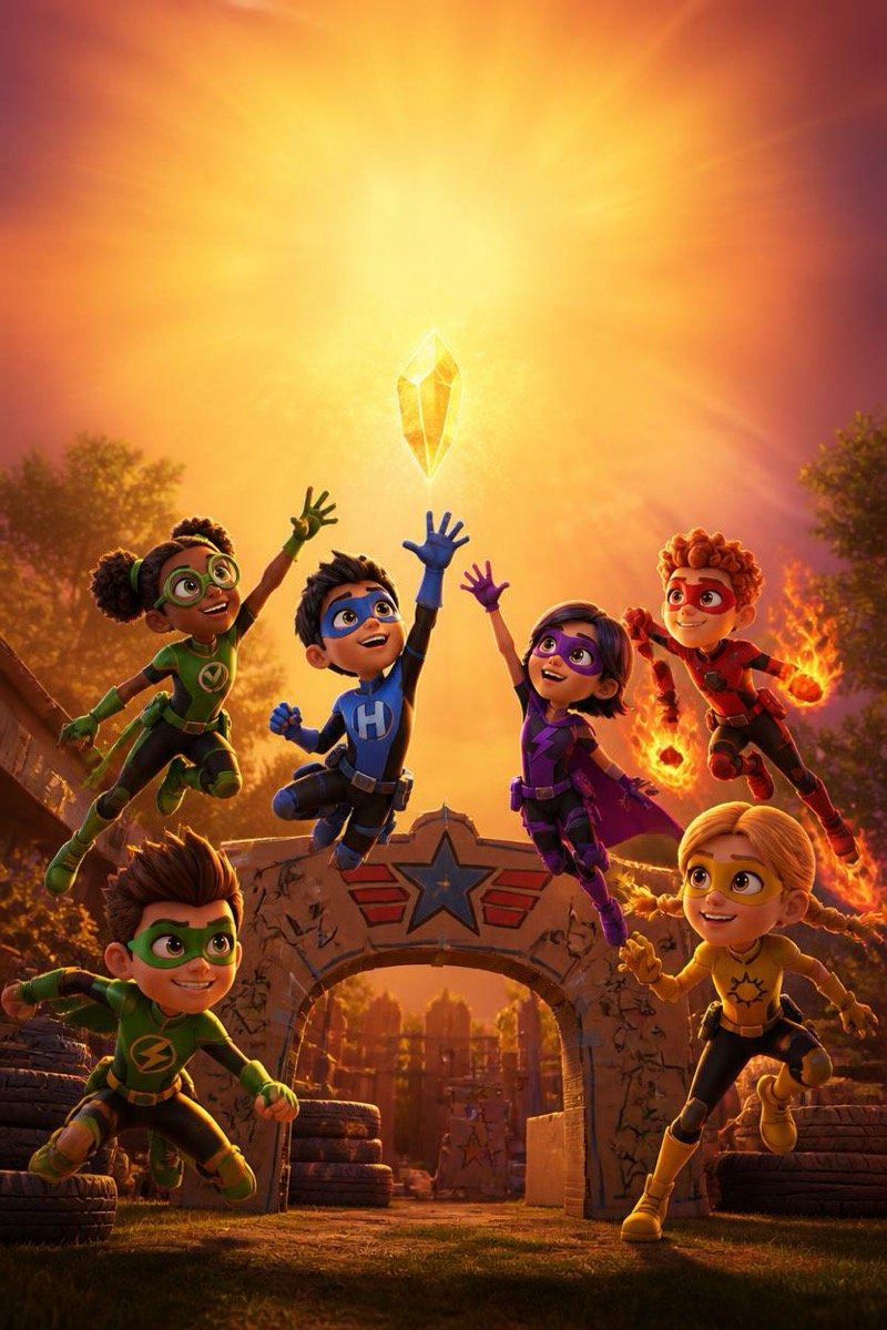 Filmposter: jonge superhelden in actie voor de Heldenacademie